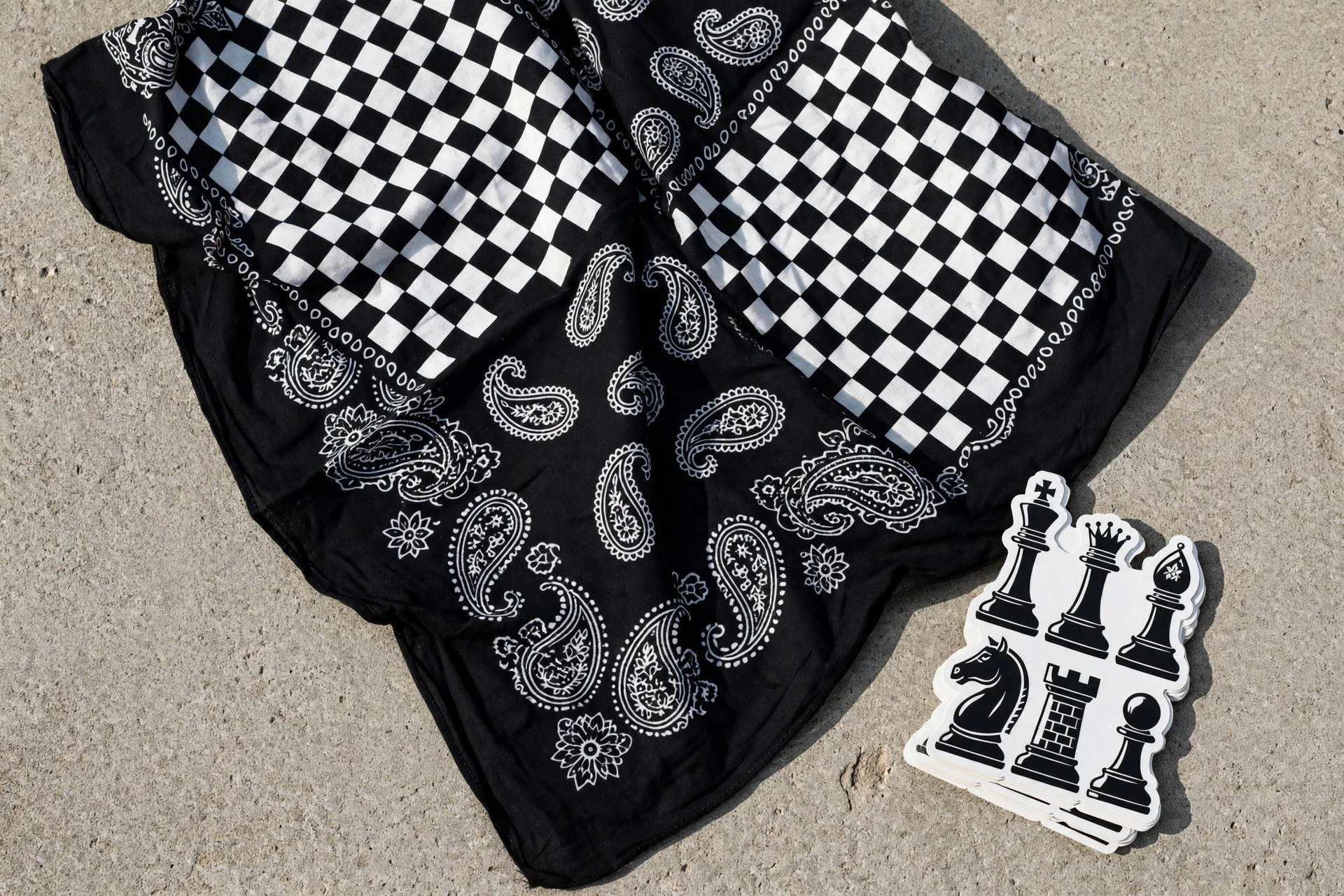 Black and white chessboard paisley bandana laid flat with a stack of chess piece stickers beside it